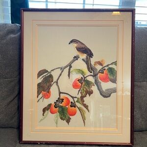 Gorgeous Vtg Silk Embroidered Large Framed Art Bird Persimmon Fruit 24”x20”